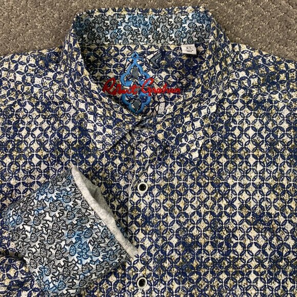Robert Graham Shirt Men's XL Classic Fit Blue Brown White Button Down Geometric - Picture 1 of 14